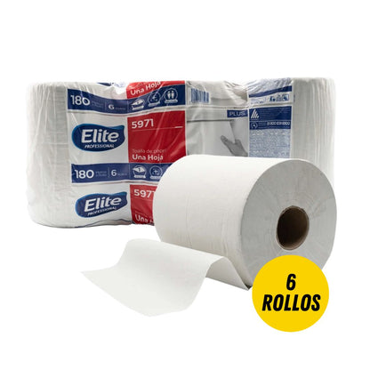 Toallas para manos en rollo Elite blanca, paquete de 6 rollos, 180 mts c/u