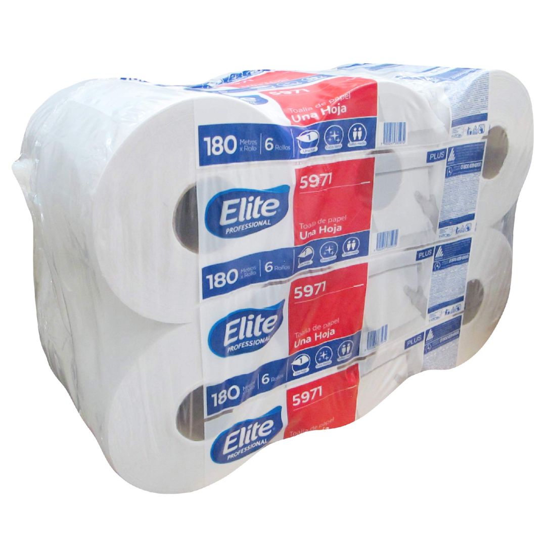 Toallas para manos en rollo Elite blanca, paquete de 6 rollos, 180 mts c/u